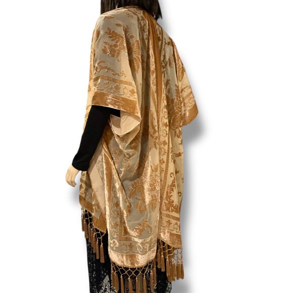 Tan Floral Embroidery Velvet Open Front Long Tassel Kimono Jacket - NEW - Picture 1 of 3